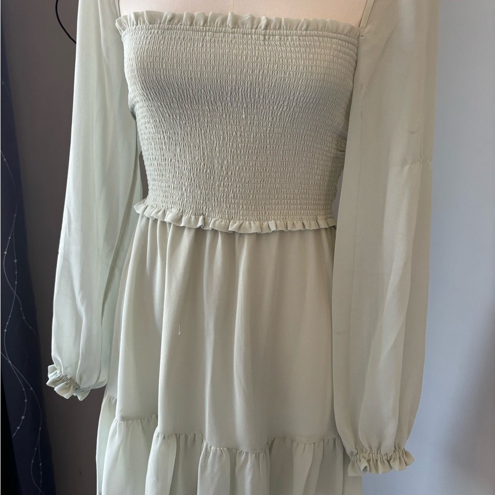 Aritzia Green Smocked Mini Dress with Bishop Sleeves